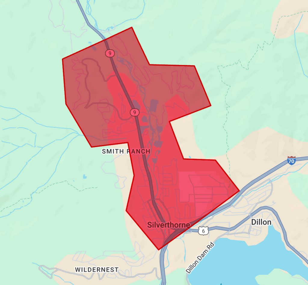 This is the service area map with the northern boundary at Fernalld Dr, the western boundary at Middle Park Ct, the southern boundary at Interstate 70, and the eastern boundary at Lakeview Ct.